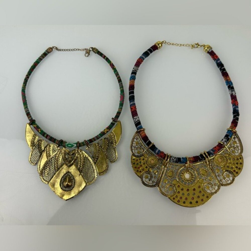 Tribal Beaded Threaded Rhinestone Necklaces Set of 2 Unique Eclectic Statement - Picture 13 of 16